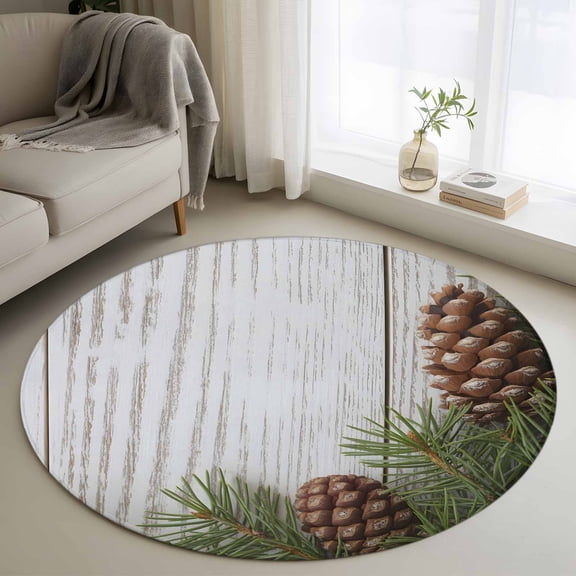 3ft Round Rug, Vintage Pine Cones Non-Skid Rubber Backing Large Area Rugs - Living Room Bedroom Home Office, Retro Botanical Watercolor Wooden Indoor Floor Mat Carpets Washable Rug