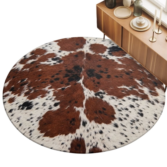 3ft Round Rug Western Cow Print Area Rugs for Living Room Bedroom Washable Non Slip Circle Rug Farmhouse Country Cowhide Fur Brown Indoor Floor Carpet for Kitchen Entryway Office Dining Room Home