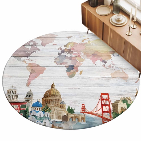 3ft Round Rug World Map Area Rugs for Living Room Bedroom Washable Non Slip Circle Rug Country Famous Building Tourism Bridge Wooden Indoor Floor Carpet for Kitchen Entryway Office Dining Room