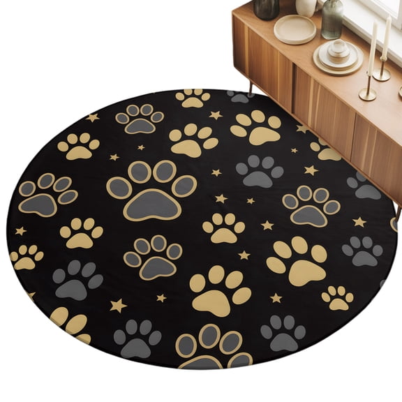3ft Round Rug Yellow Black Dog Paws Area Rugs for Living Room Bedroom Washable Non Slip Circle Rug Low Pile Soft Vintage Pastoral Retro Art Indoor Floor Carpet for Kitchen Entryway Office Dining Room