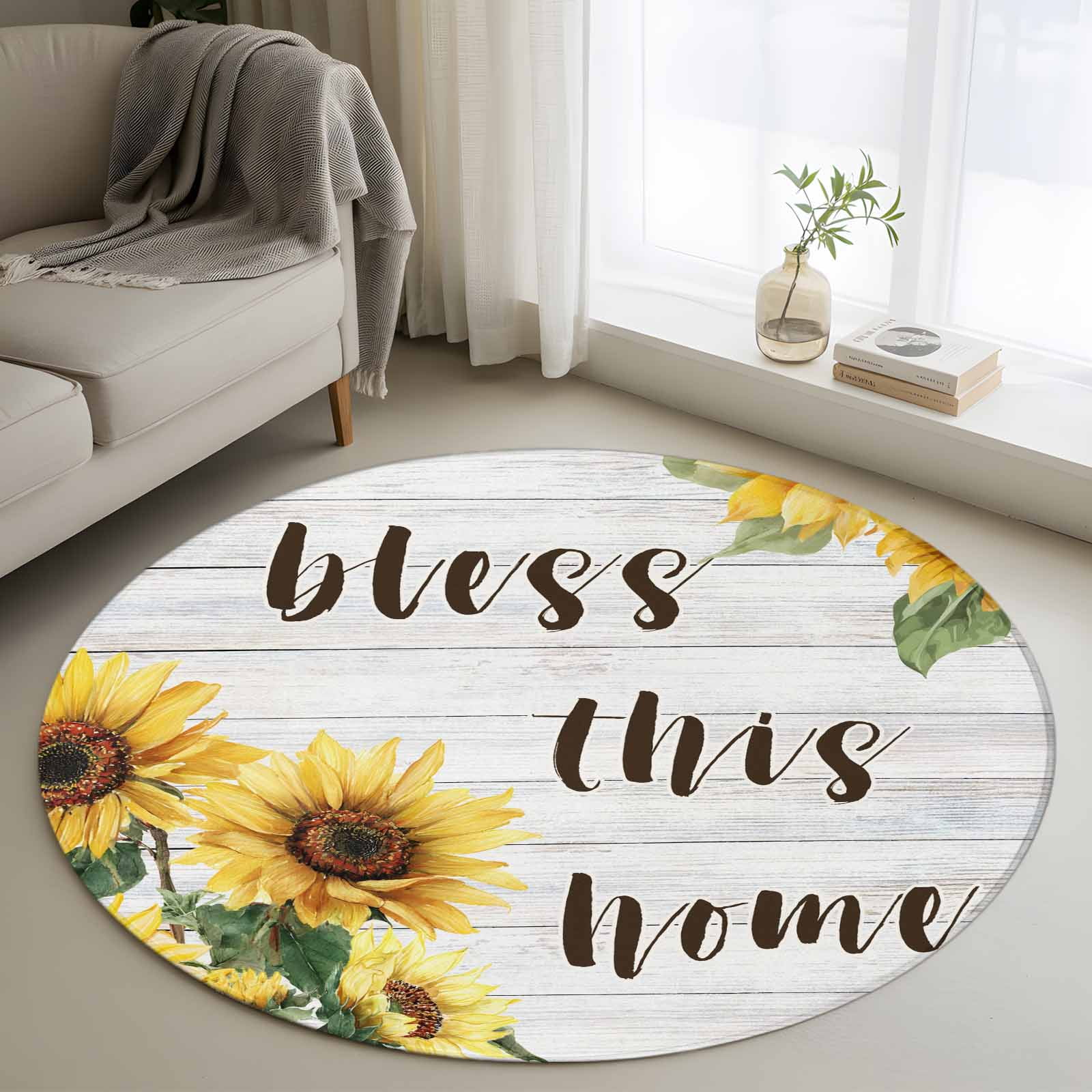 3ft Round Rug, Yellow Sunflowers Non-Skid Rubber Backing Large Area ...