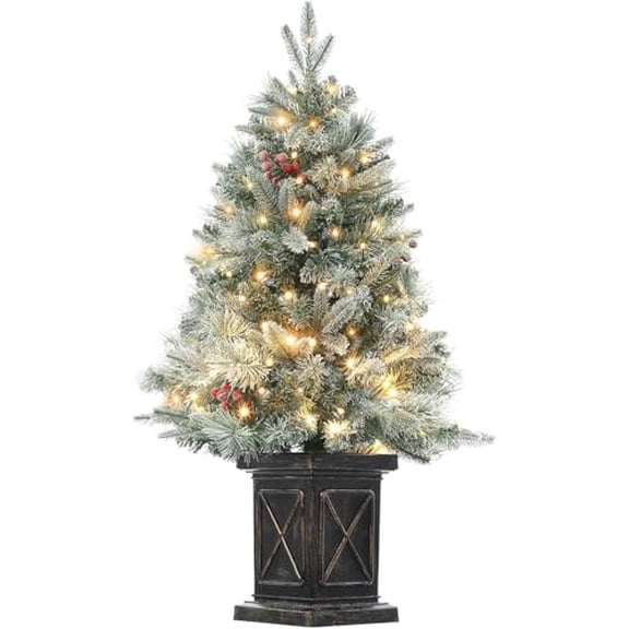 3ft Small Christmas Tree Pre-Lit Artificial Christmas Tree with 78 Led Lights, Snow Flocked Xmas Tree with X Brown Base, for Home Christmas Decor