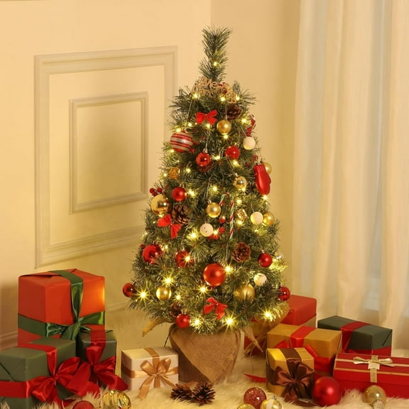 3ft Small Prelit Christmas Tree - Artificial Xmas Tree with 78 Warm White LED Lights, Cloth Bag Base, Pine Cones & Berry Clusters, Perfect for Tabletop, Bedroom & Office Holiday Decor