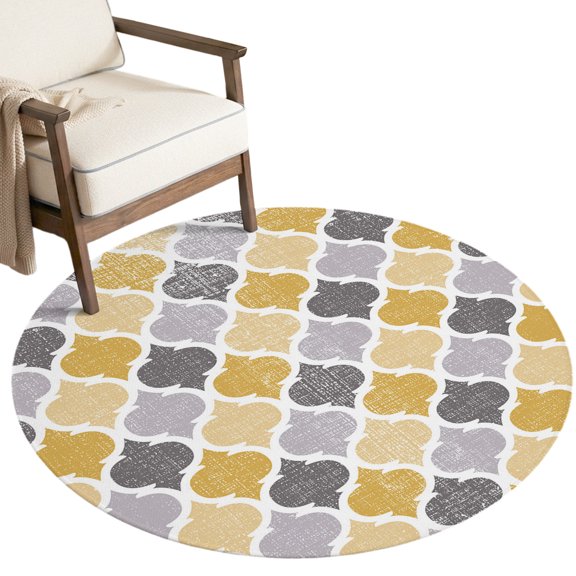 3ft Soft Round Area Rugs Yellow Grey Retro Moroccan Pattern Indoor Carpet for Living Room Bedroom Nursery Washable Circle Floor Mats Abstract Geometric Art Decor