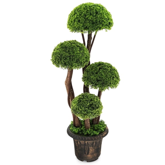 3ft Tall Artificial Boxwood Topiary Tree, 4 Realistic Cedar Balls in Vintage Cement Pot, Fake Plants for Porch Balcony Foyer Office Decor, Green