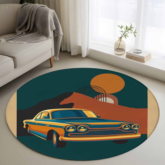 3ft Washable Round Rug, Abstract Art Non-Slip Circle Area Rug for Bedroom Bedside, Truck Mountain Sun Soft Indoor Floor Mat for Home Decor
