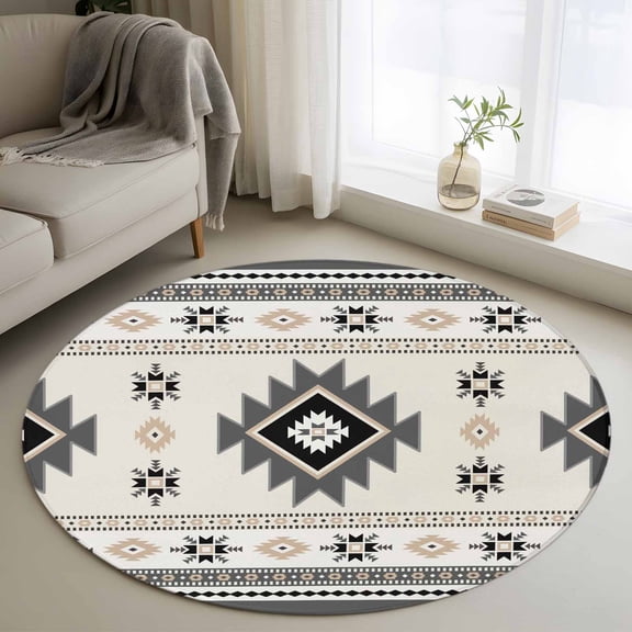 3ft Washable Round Rug, Aztec Non-Slip Circle Area Rug for Bedroom Bedside, Gray Southwest Wind Bohemian Ethnic Wind Soft Indoor Floor Mat for Home Decor