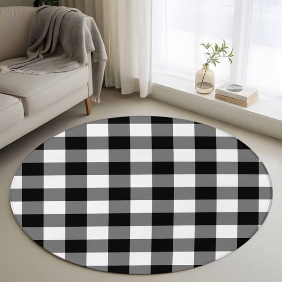 3ft Washable Round Rug, Black Plaid Non-Slip Circle Area Rug for Bedroom Bedside, Black Gradient Soft Indoor Floor Mat for Home Decor