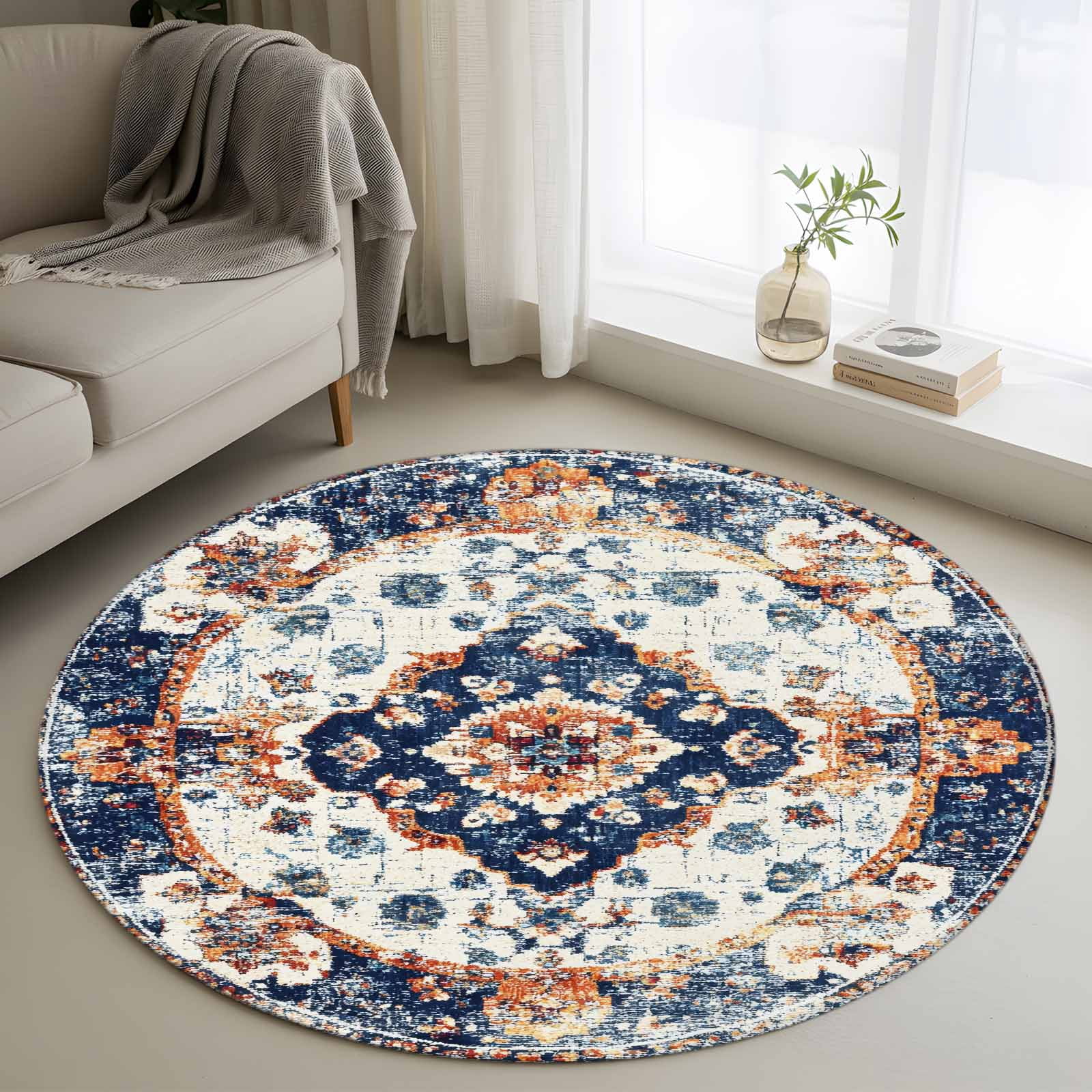 3ft Washable Round Rug, Bohemian Circular Non-Slip Circle Area Rug for ...