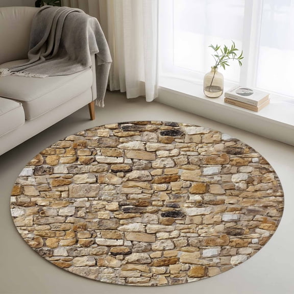 3ft Washable Round Rug, Brick Non-Slip Circle Area Rug for Bedroom Bedside, Abstract Multi Colored Brick Wall Photo Soft Indoor Floor Mat for Home Decor