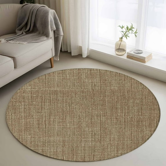 3ft Washable Round Rug, Brown Linen Non-Slip Circle Area Rug for Bedroom Bedside, Farmhouse Pure Color Country Vintage Soft Indoor Floor Mat for Home Decor