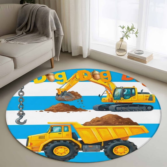 3ft Washable Round Rug, Cartoon Engineering Non-Slip Circle Area Rug for Bedroom Bedside, Dig Hooks Carload Excavator Blue Stripes Soft Indoor Floor Mat for Home Decor
