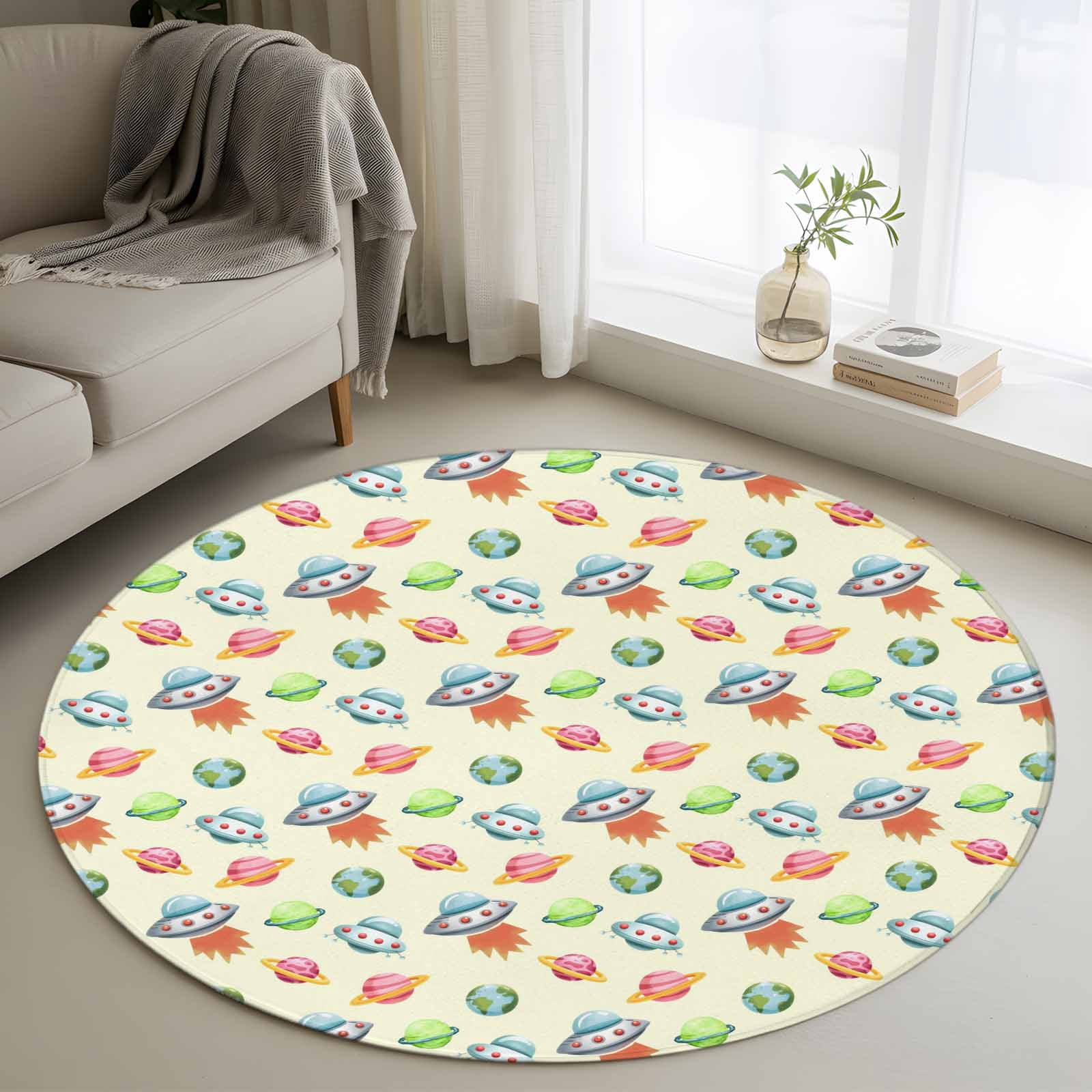 3ft Washable Round Rug, Cartoon Spacecraft Non-Slip Circle Area Rug for ...