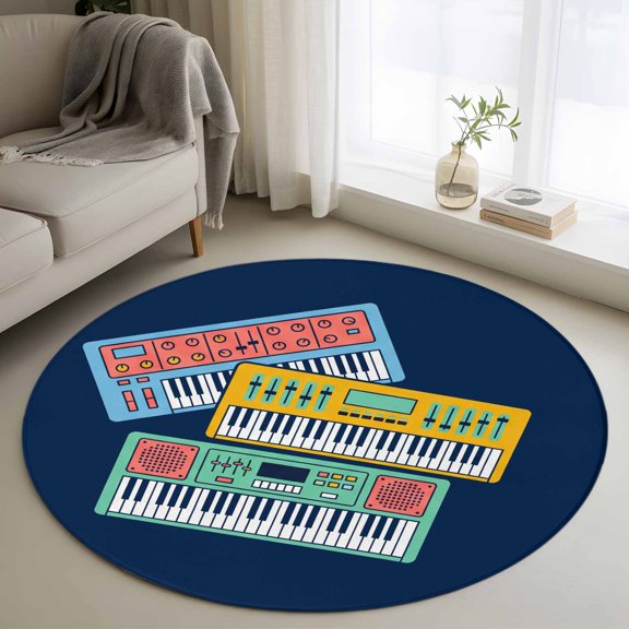 3ft Washable Round Rug, Colored Instruments Non-Slip Circle Area Rug for Bedroom Bedside, Retro Green Yellow Blue Elements Blue Soft Indoor Floor Mat for Home Decor