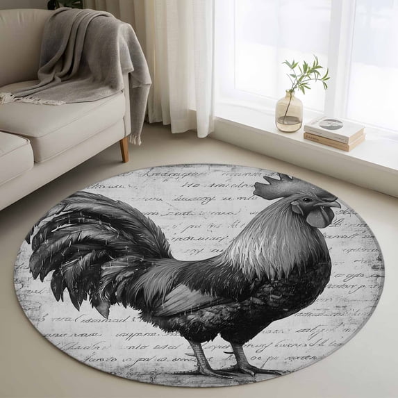 3ft Washable Round Rug, Country Animal Non-Slip Circle Area Rug for Bedroom Bedside, Retro Watercolor Black Rooster Soft Indoor Floor Mat for Home Decor