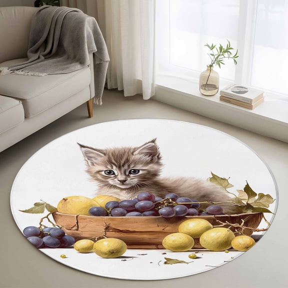 3ft Washable Round Rug, Cute Cat Non-Slip Circle Area Rug for Bedroom Bedside, and Fruits Purple Grapes Soft Indoor Floor Mat for Home Decor