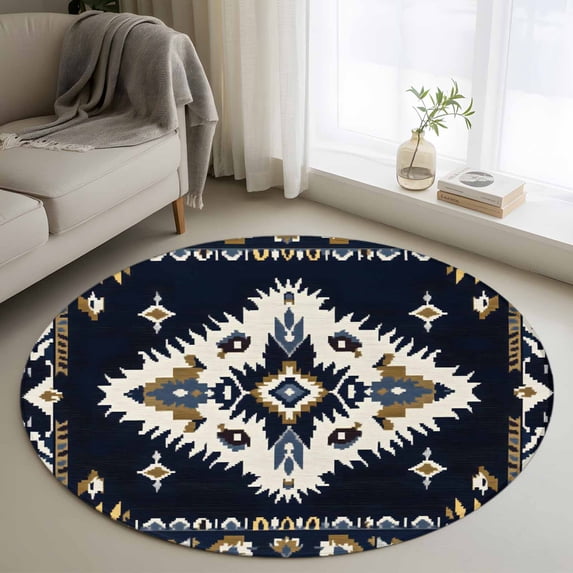 3ft Washable Round Rug, Ethnic Style Pattern Non-Slip Circle Area Rug for Bedroom Bedside, Vintage Black Weaving Abstract Soft Indoor Floor Mat for Home Decor
