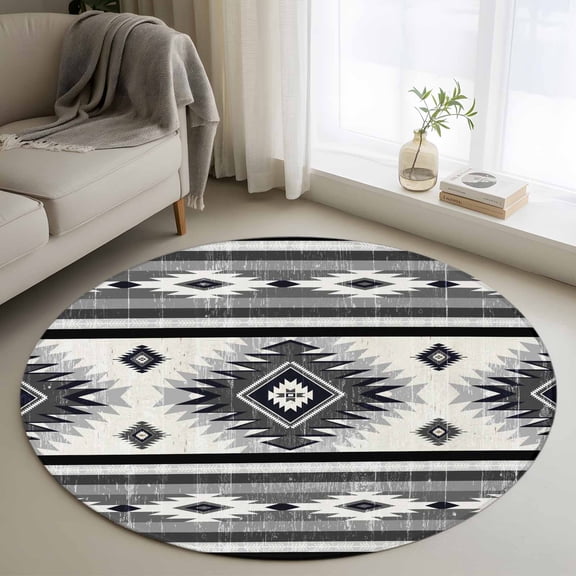 3ft Washable Round Rug, Gray Southwestern Non-Slip Circle Area Rug for Bedroom Bedside, Native Aztec Ethnic Style Geometric Soft Indoor Floor Mat for Home Decor