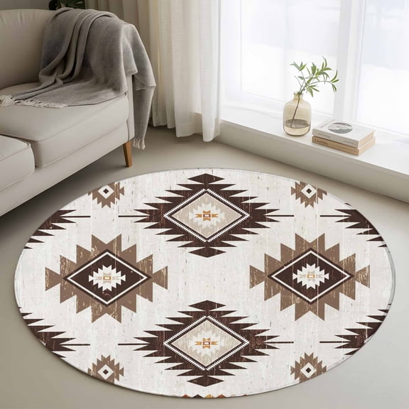 3ft Washable Round Rug, Khaki Brown Non-Slip Circle Area Rug for Bedroom Bedside, Aztec Ethnic Southwestern Native Geometric Soft Indoor Floor Mat for Home Decor