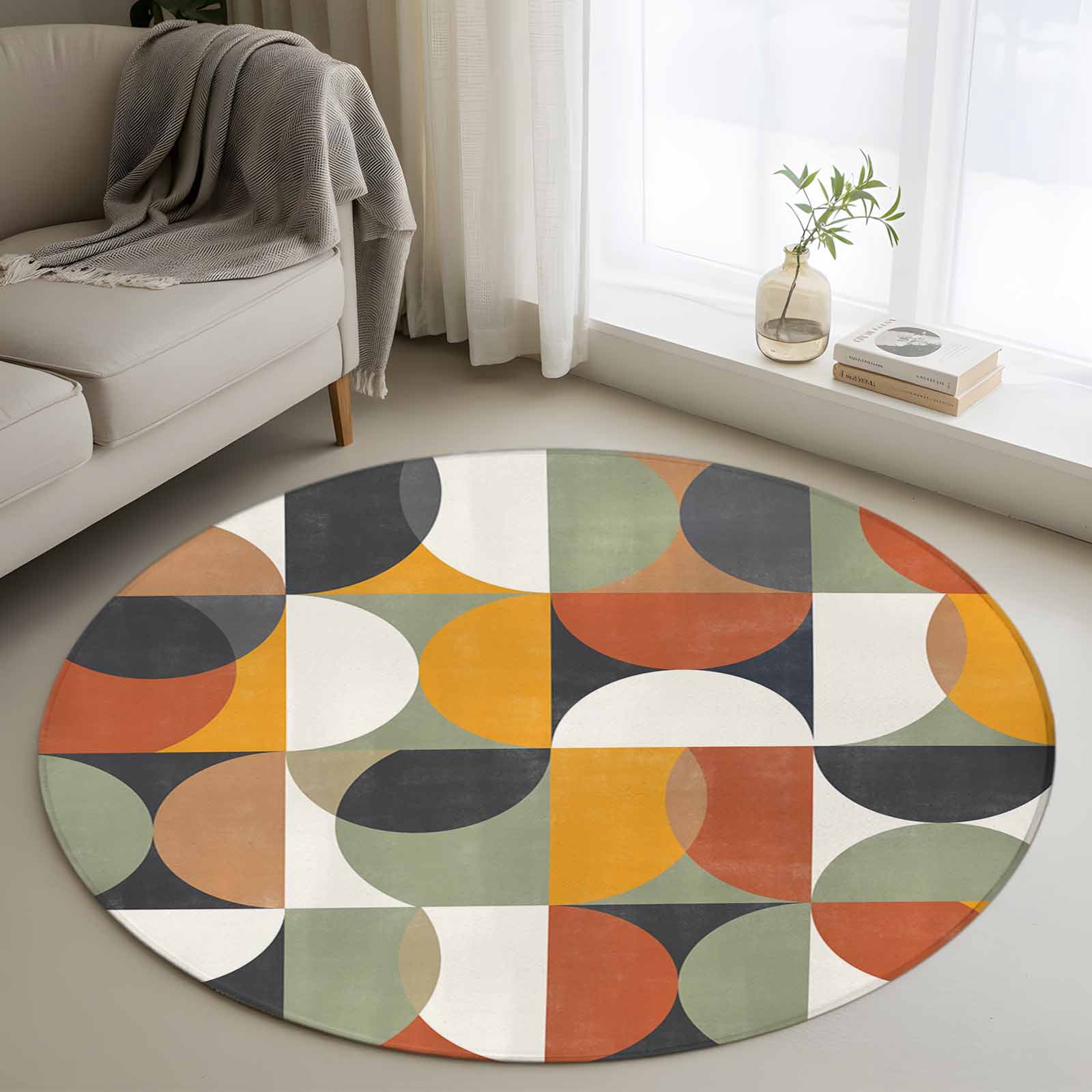 3ft Washable Round Rug, Mid-Century Modern Non-Slip Circle Area Rug for ...