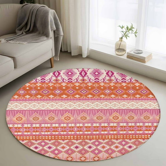 3ft Washable Round Rug, Orange Pink Geometric Non-Slip Circle Area Rug for Bedroom Bedside, Bohemian Style Ethnic Tribal Painting Soft Indoor Floor Mat for Home Decor