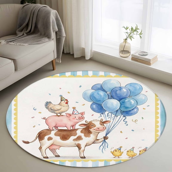 3ft Washable Round Rug, Pig Cow Non-Slip Circle Area Rug for Bedroom Bedside, Hen Chicks Blue Balloons Watercolor Animal Yellow Border Striped Soft Indoor Floor Mat for Home Decor
