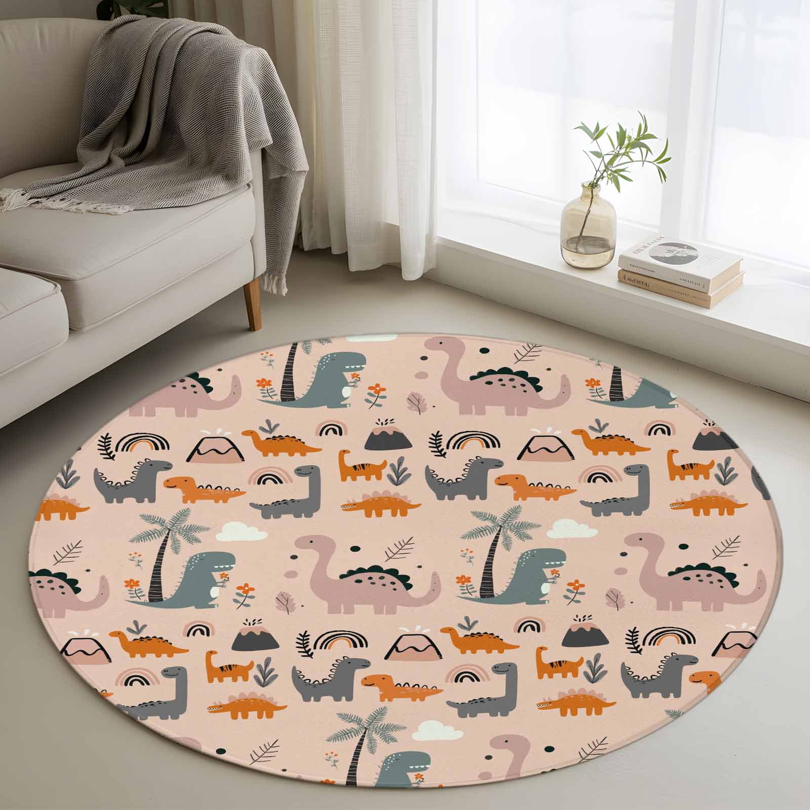 3ft Washable Round Rug, Pink Cute Dinosaurs Non-Slip Circle Area Rug ...