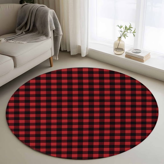 3ft Washable Round Rug, Red and Black Buffalo Check Plaid Non-Slip Circle Area Rug for Bedroom Bedside, Lattice Classic Black Red Soft Indoor Floor Mat for Home Decor