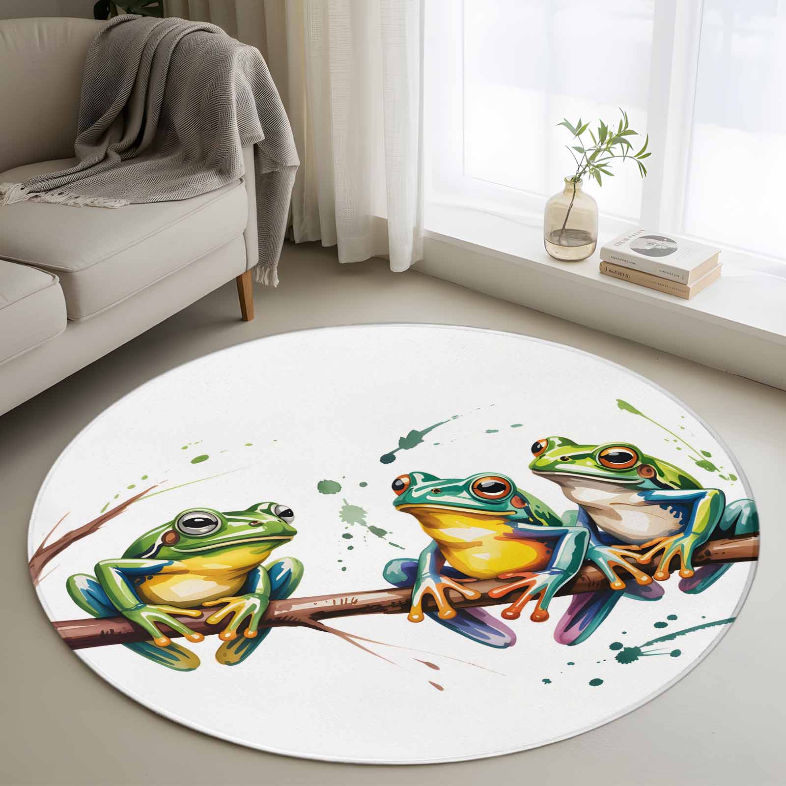 Frog Rugs 3ft Washable Round Rug, Watercolor Frog Non-Slip Circle Area Rug for ...