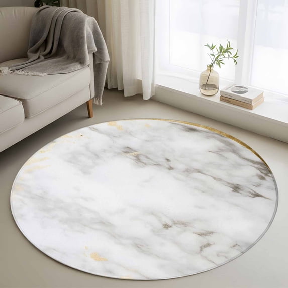 3ft Washable Round Rug, White Marble Non-Slip Circle Area Rug for Bedroom Bedside, Abstract Gold Circle Marble Texture Contemporary Soft Indoor Floor Mat for Home Decor