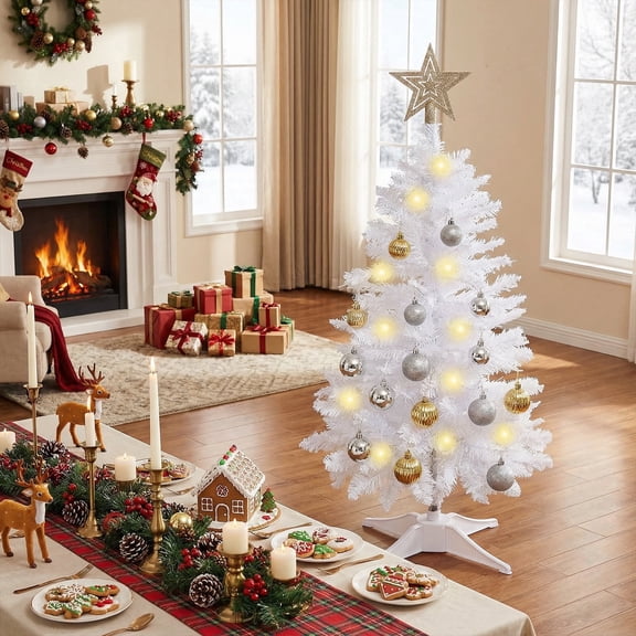 THE BRIVE 3ft White Artificial Christmas Tree with LED lights, Includes Ornaments & Star for Holiday Home Decor