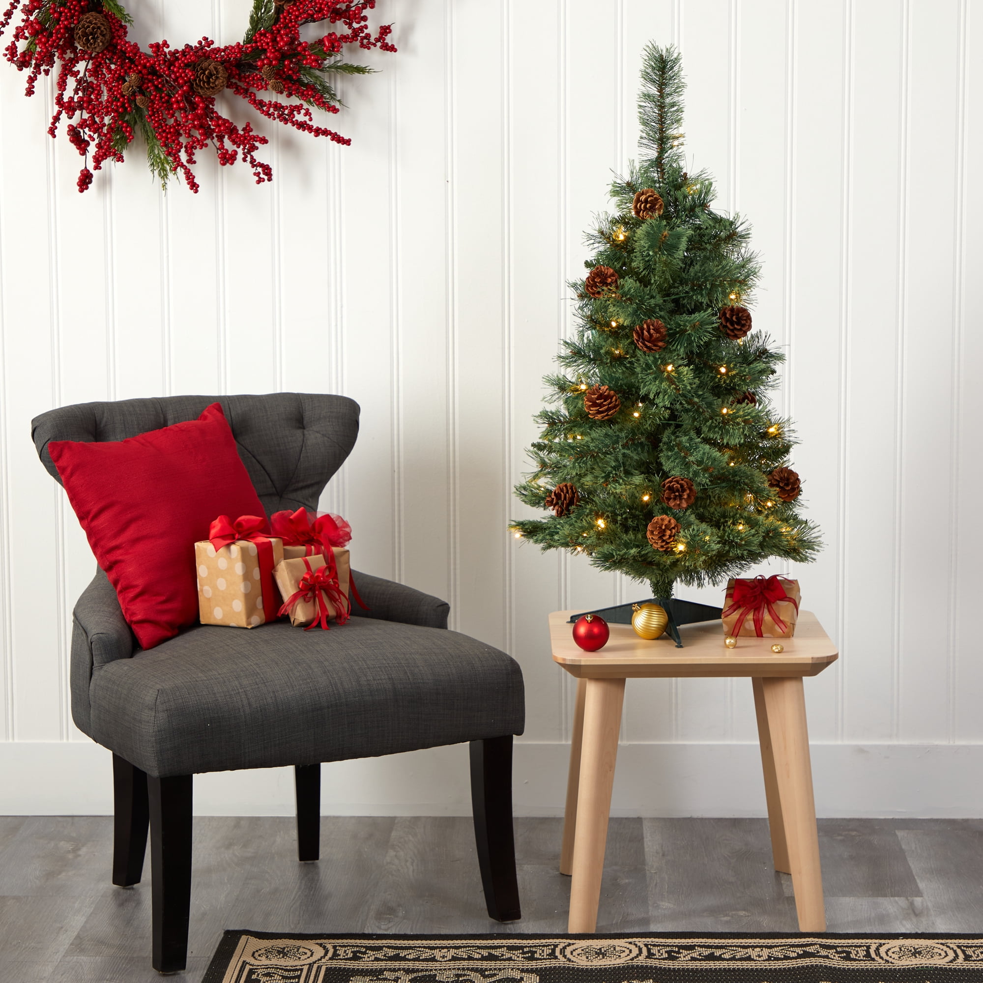 3ft White Pine Artificial Christmas Tree with LED Lights and Pine Cones