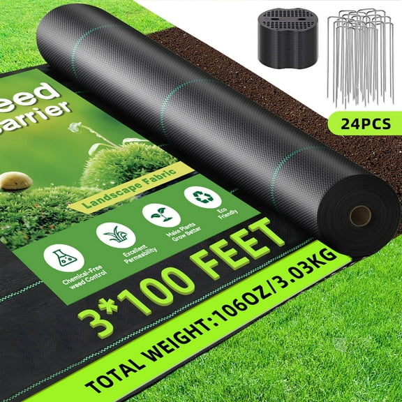 3ftx100ft Weed Barrier Landscape Fabric, Heavy Duty Gardening Ground Cover Mat, Weed Block Garden Cloth, Woven Garden Weed Fabric for Gardening, Farming with 24 U-Shaped Securing Pegs