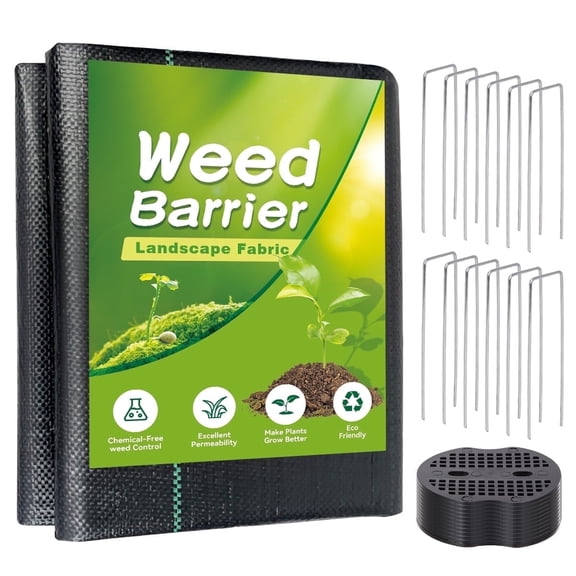 3ftx50ft Weed Barrier Landscape Fabric, Heavy Duty Gardening Ground Cover Mat, Weed Block Garden Cloth, Woven Garden Weed Fabric for Gardening, Farming with 12 U-Shaped Securing Pegs