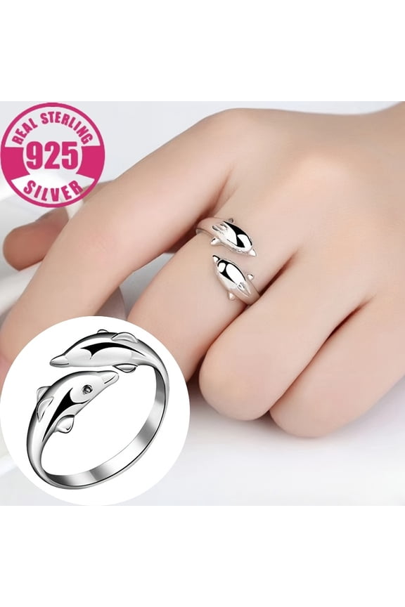 3g Sterling Silver S925 Adjustable Dolphin Ring - Unique Double Dolphin Design, Fashionable Bohemian Style, Elegant Unisex Open Band, Chic and Simple Aesthetic, Lightweight - Crafted for Comfort and