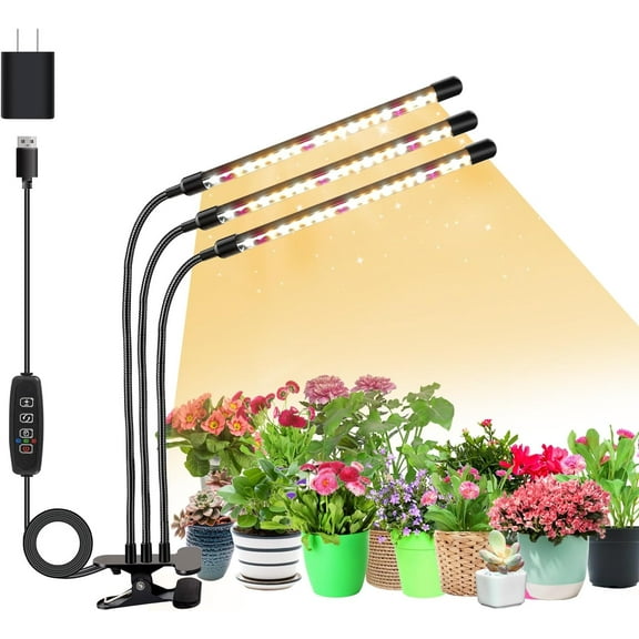 3head Plant Lights for Indoor Growing, Grow Light for Indoor Plants, Full Spectrum Growing Lamps with Clip, Auto ON & Off Timer 3/9/12H, 3 Switch Modes, 10-Level Dimmable Brightness