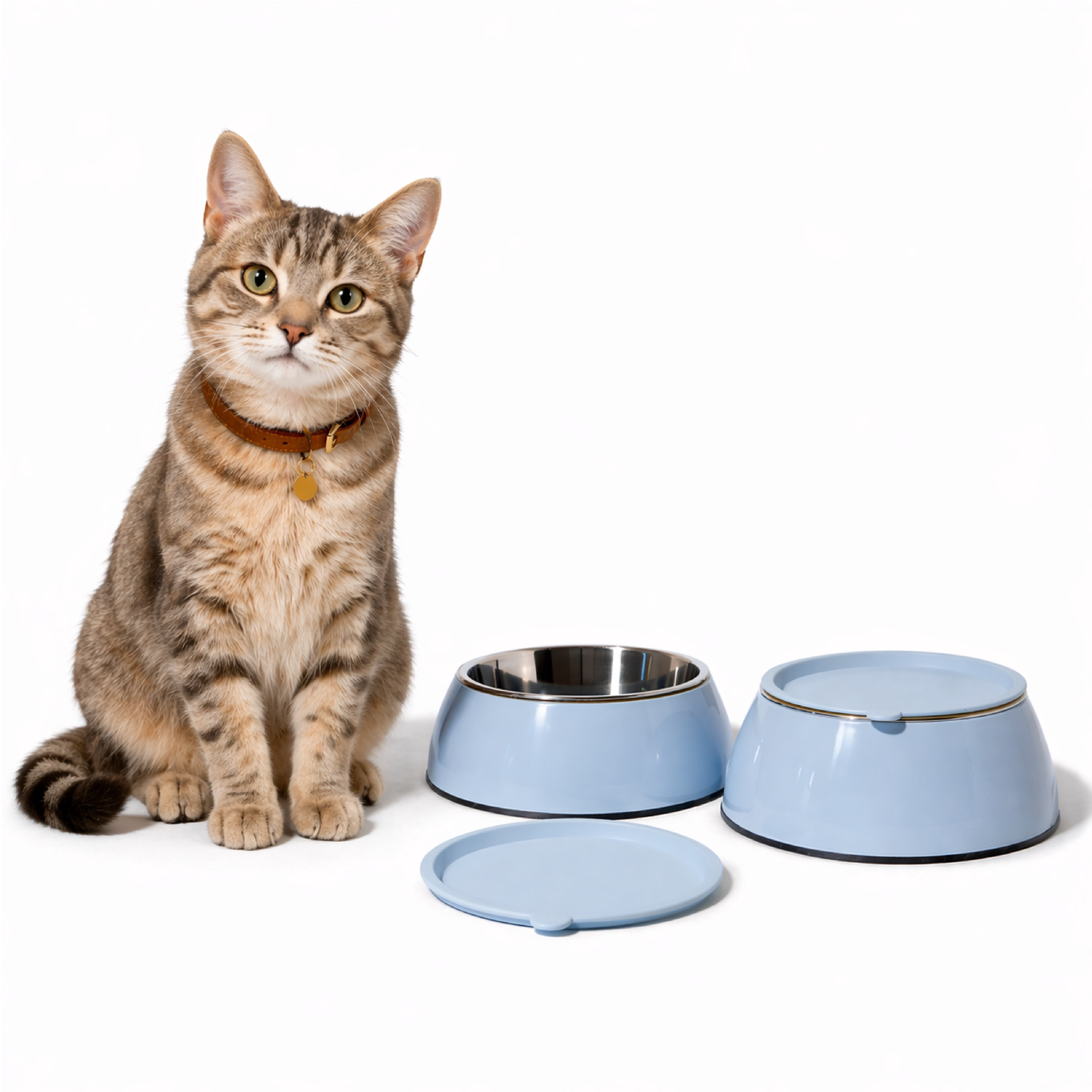 Martha Stewart 3-in-1 Melamine Cat Bowl Set with Lid, Medium Blue, Small/Medium
