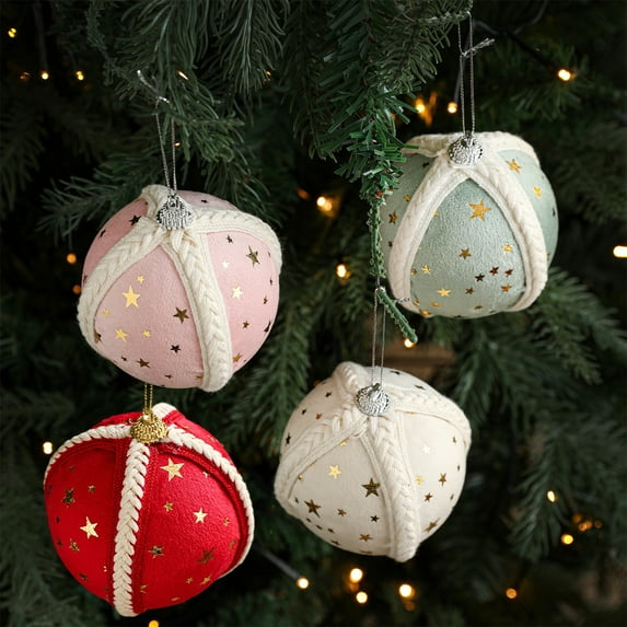 3in Foam Christmas Tree Pendant, Star-Printed Fabric Ball Decoration, Soft Mint Green Hanging Ornament, Holiday Tree Decor, Elegant Christmas Ball for Home & Party Arrangements