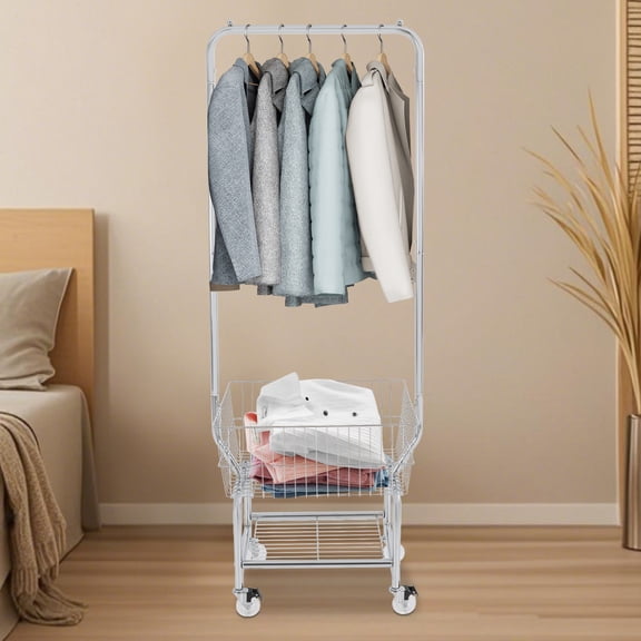 3in Wheel Silver Large Capacity Clothes Cart Large Capacity Clothes Cart Rectangular with Hanging Rod