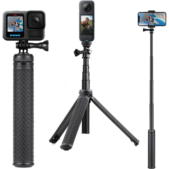 3in1 Aluminum Waterproof Selfie Stick for GoPro Hero 13 12 11 10 9 8 7 6 5 4, Fusion, Max, Session, , , SJCAM, Osmo Action Camera - Extenbale Monopod Pole, Hand Grip, Tripod Stand