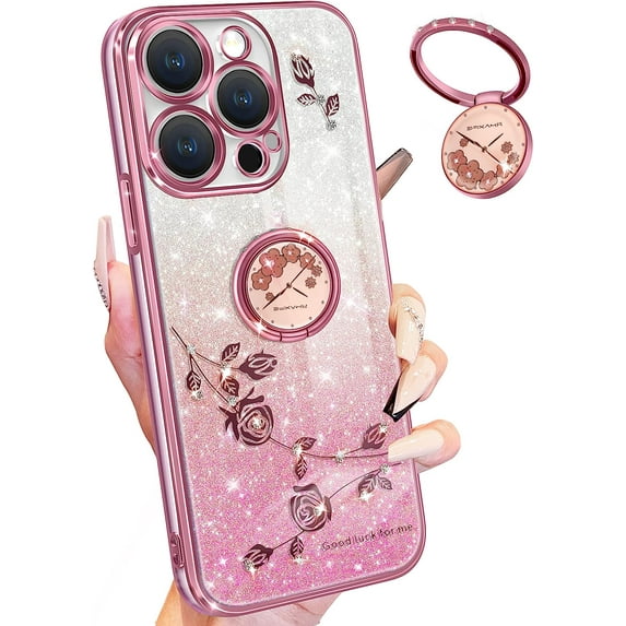 (3in1 for Apple iPhone 14 Pro Max Case Glitter Sparkly for Women Girls Sparkle Girly Bling Shiny Phone Cover Cute Flowers Floral Design with Ring Holder Pretty Cases for 14 ProMax 6.7''