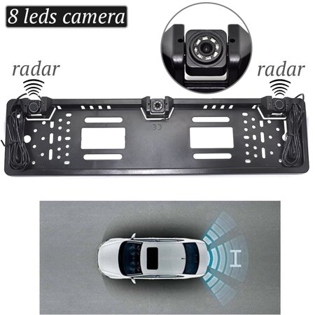 3in1 Auto EU Nummernschild Rahmen Parksensor Radar+Rückfahrkamera 8LED