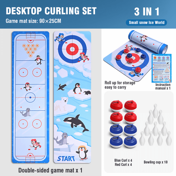 3in1 Bowling Game & Curling Game Set with Curling Ball and Mat for Kids Indoor Outdoor Play Tabletop Games Christmas Birthday Gifts
