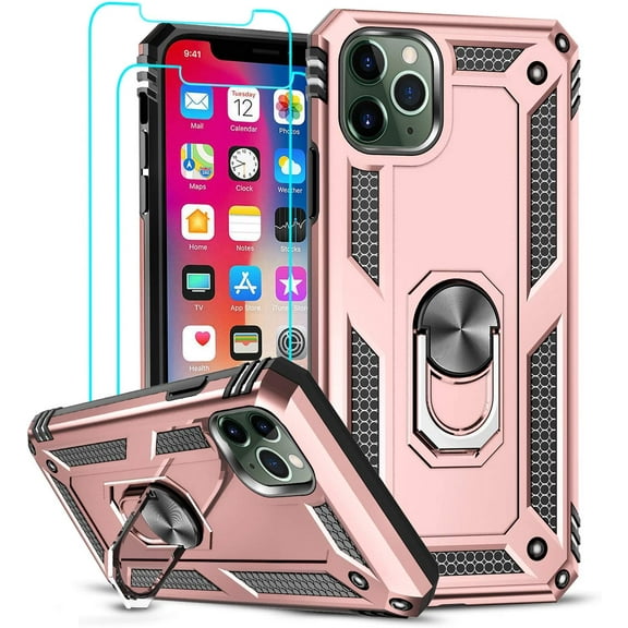 3in1 Case Bundle for Apple iPhone 12 Pro, iPhone 12 Heavy Duty Case with Built-in Kickstand, Dual Layer Protection with 2 Clear Screen Protectors, Sturdy Case for Apple iPhone 12 Pro, iPhone 12, Pink