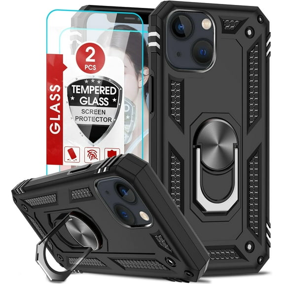 3in1 Case Bundle for Apple iPhone 13 Mini Heavy Duty Case with Built-in Kickstand, Dual Layer Protection with 2 Clear Screen Protectors, Sturdy Case for Apple iPhone 13 Mini, Black