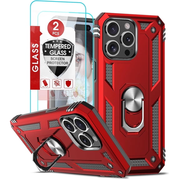 3in1 Case Bundle for Apple iPhone 14 Pro Max Heavy Duty Case with Built-in Kickstand, Dual Layer Protection with 2 Clear Screen Protectors, Sturdy Case for Apple iPhone 14 Pro Max, Red