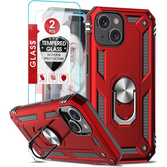 3in1 Case Bundle for Apple iPhone 15 Plus Heavy Duty Case with Built-in Kickstand, Dual Layer Protection with 2 Clear Screen Protectors, Sturdy Case for Apple iPhone 15 Plus, Red