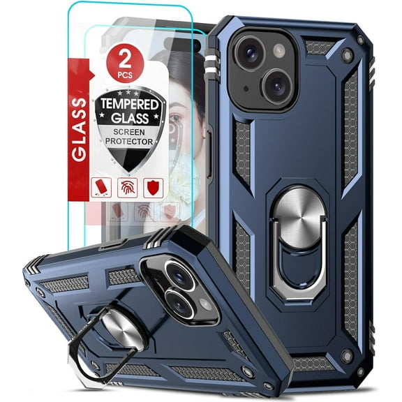 3in1 Case Bundle for Apple iPhone 15 Plus Heavy Duty Case with Built-in Kickstand, Dual Layer Protection with 2 Clear Screen Protectors, Sturdy Case for Apple iPhone 15 Plus, Navy