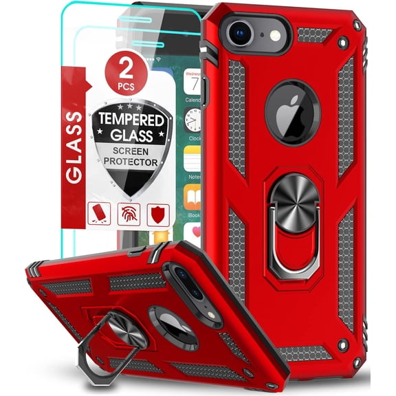 3in1 Case Bundle for Apple iPhone 8, 7, SE, Heavy Duty Case with Built-in Kickstand, Dual Layer Protection with 2 Clear Screen Protectors, Sturdy Case for Apple iPhone 8, 7, SE,, Red