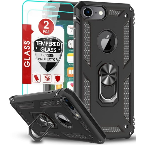 3in1 Case Bundle for Apple iPhone 8, 7, SE, Heavy Duty Case with Built-in Kickstand, Dual Layer Protection with 2 Clear Screen Protectors, Sturdy Case for Apple iPhone 8, 7, SE,, Black